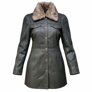 Anthropologie Maeve Kellie Faux Leather Jacket Green Fur Collar Women Size 8